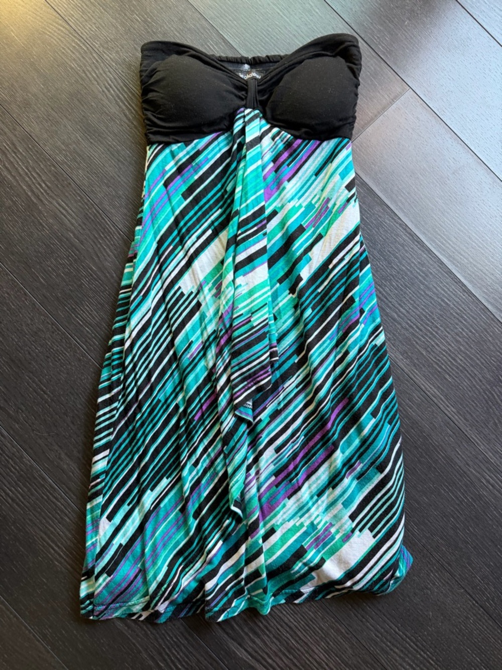le chateau Strapless Asymmetrical Dress in Black and Teal Stripe